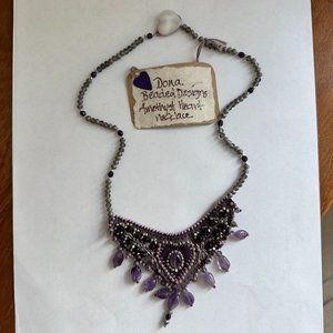 Handmade Amethyst Bib Necklace Beaded Embroidered Leather